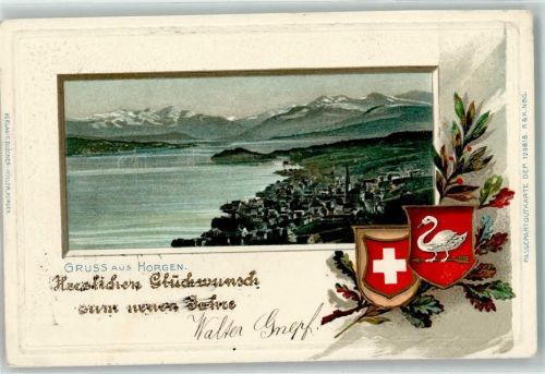 Horgen Wappen Blätter Schwan Pfeil Herzlichen Glückwunsch zum neuen Jahre Kirche