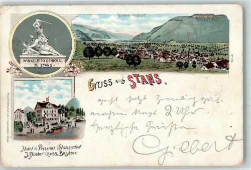 Stans 1898 Winkelried Denkmal Hotel Pension Stanserhof J. Flüeler-Hess Strassenbahn
