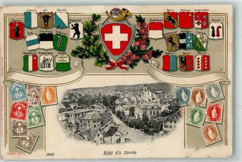 Rüti ZH 1907 Wappen Briefmarkenabbildungen Eichenlaub Posthorn Lithographie