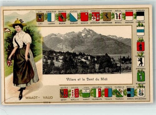 Villars-sur-Ollon Dent du Midi Tracht Wappen Lithographie