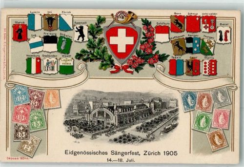 Zürich Eidgenössisches Sängerfest 1905 Wappen Briefmarkenabbildungen Lithographie