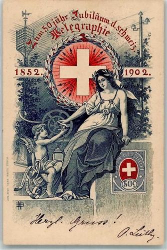 50. jähriges Jubiläum der schweiz. Telegraphie 1902 Engel Briefmarkenabbildung
