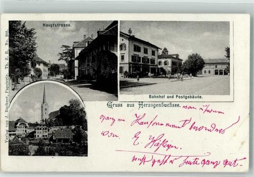 Herzogenbuchsee 1901 Hauptstrasse Bahnhof Postgebäude Kirche Feldpost V. Division Infanterie Bataillon Nr 51