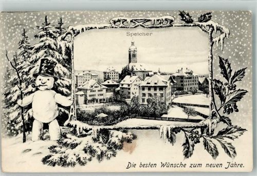 Speicher 1909 Glückwunsch Neujahr Schneemann Pfeife Passepartout