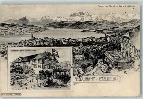 Thalwil 1911 Restaurant Zum Etzliberg Aussicht auf Thalwil mit See und Gebirge