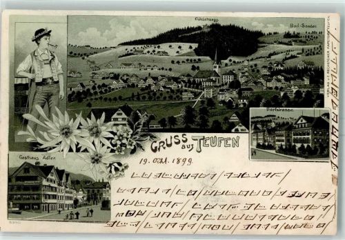 Teufen AR 1899 Tracht Pfeife Fröhlichsegg Bad-Sonder Dorfstrasse Gasthaus Adler