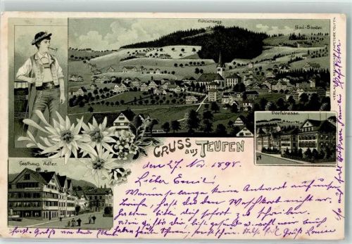 Teufen AR 1898 Tracht Pfeife Fröhlichsegg Bad-Sonder Dorfstrasse Gasthaus Adler
