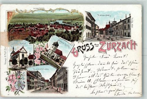 Bad Zurzach 1898 Rathausplatz Reform. Kirche Bahnhofstrasse Kirche Lithographie