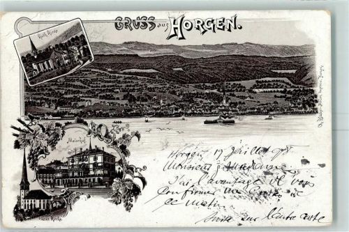 Horgen 1898 Kath. Kirche Meierhof Protest. Kirche Lithographie