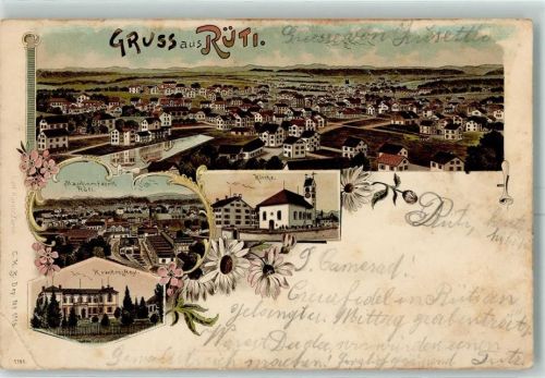 Rüti ZH 1898 Maschinenfabrik Kirche Kranken-Asyl Lithographie