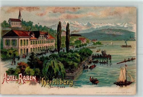 Herrliberg 1905 Hotel Raben Zürichsee Lithographie