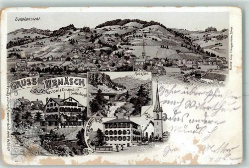 Urnäsch Gast-Bad & Kuranstalt Sonnenhügel Rossfall Kirche Lithographie