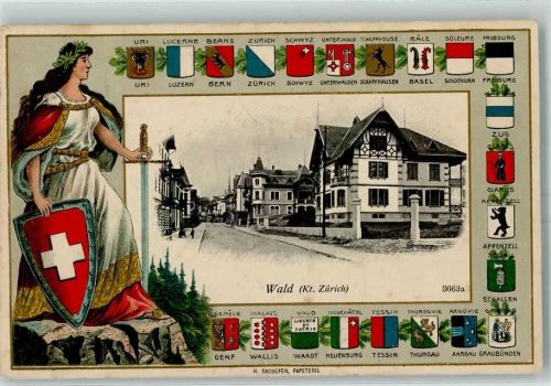Wald ZH 1908 Passepartout Helvetia Wappen AK