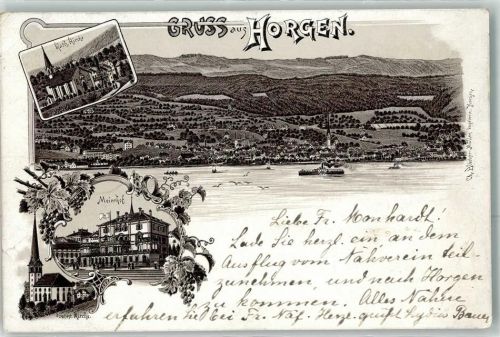 Horgen 1898 Kath. Kirche Meierhof Protest. Kirche Raddampfer
