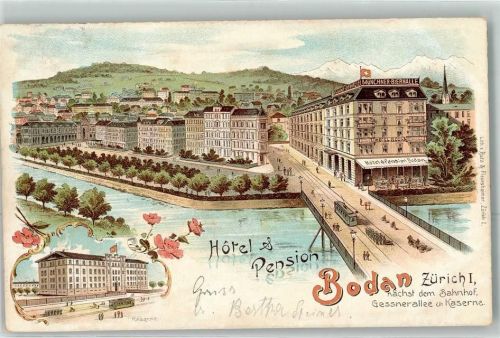 Zürich 1902 Hotel Pension Bodan Kaserne Straßenbahn