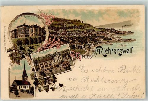 Richterswil 1898 Kranken Asyl Schulhäuser Kirche Raddampfer Verlag Künzli Nr 497