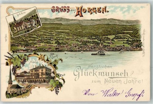 Horgen 1898 Kath. Kirche Meierhof Protest. Kirche Raddampfer Glückwunsch Neujahr