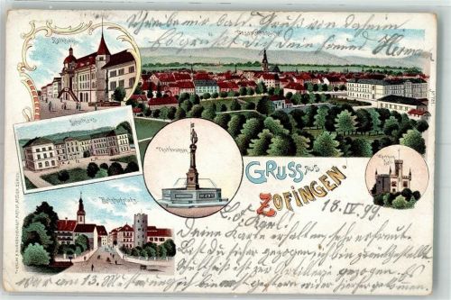 Zofingen 1899 Rathaus Schulhaus Thutbrunnen Bahnhofplatz Wartburg-Säli Lithographie