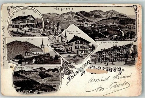 Charmey 1909 Hotel Pension du Marechal-Ferrant Eglise Magasin de Rime Pipaz Hotel du Sapin Lithographie Oberflächenschäden