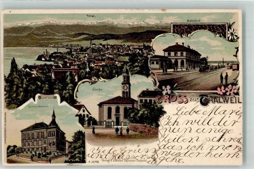 Thalwil 1900 Bahnhof Kirche Gemeindehaus Lithographie