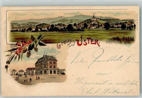 Uster 1900 Neues Bank- und Postgebäude Verlag Künzli Nr 2138 Lithographie Eckbug