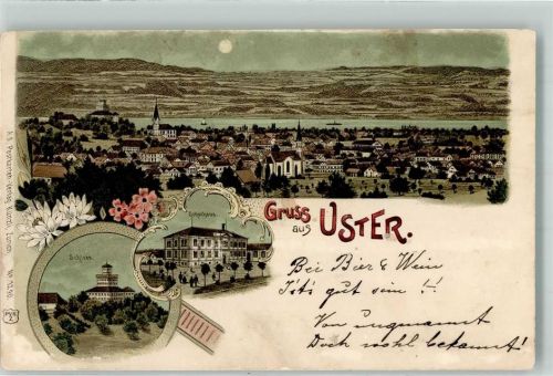 Uster 1901 Schulhaus Schloss Verlag Künzli Nr 1290 Lithographie/Mondschein