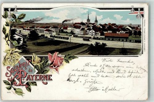 Payerne 1898 Bahnhof Lithographie