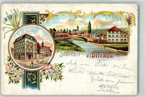 Delémont 1900 Grand Rue Le vieux Pont Lithographie