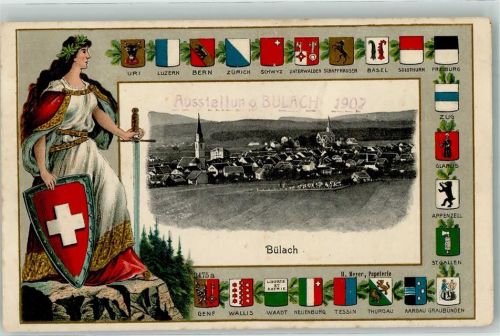 Bülach Passepartout Helvetia Wappen Lithographie