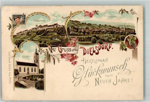 Dielsdorf Lithographie Regensberg Kirche Neujahr