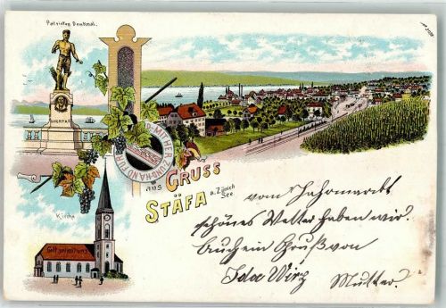Stäfa 1898 Lithographie Patriotendenkmal Kirche beschnitten
