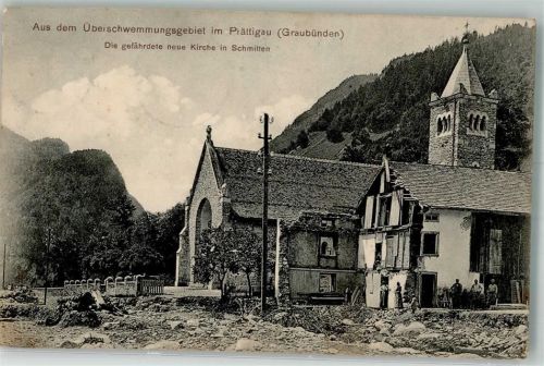 Schmitten 1910 Kirche Überschwemmung im Prättigau