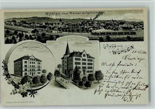 Wohlen AG 1900 Schulhaus Bahnhof Lithographie