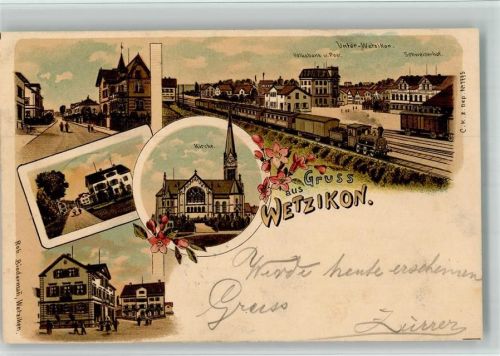 Wetzikon ZH 1899 Lithographie Volksbank Post Schweizerhof Kirche Bahnhof Eisenbahn Verlag Künzli Nr 1775