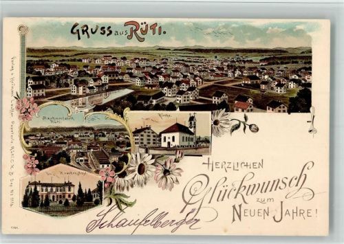 Rüti ZH 1898 Lithographie Maschinenfabrik Kirche Kranken-Asyl Glückwunsch Neujahr