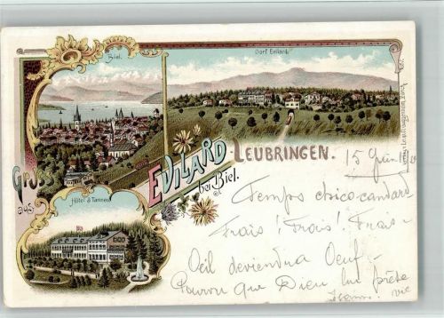 Leubringen 1900 Lithographie Biel Hotel 3 Tannen Hüttenstempel