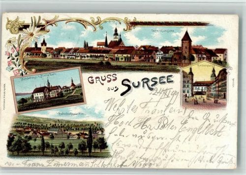 Sursee 1899 Lithographie Kinderasyl Maria Zell Bahnhofquartier Kirchenplatz Gebrauchsspuren, bitte Scan genau beachten!