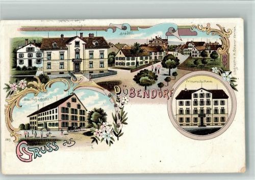 Dübendorf 1902 Lithographie Städtli Gasthaus Zum Hecht Primarschulhaus Gebrauchsspuren, bitte Scan genau beachten!