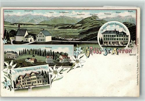 St Anton Oberegg 1900 Gasthaus Pension Zum Rössli Gasthaus Pension Alpenhof Schulhaus Edelweiß Lithographie