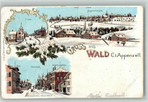 Wald AR Kirche Oberdorf Gasthaus Zum Schäfle Winterlithographie mit Glimmerauflage