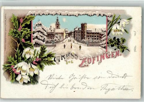 Zofingen 1900 Winterlithographie mit Glimmerauflage
