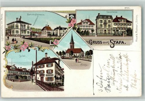 Stäfa Bahnhofstrasse Spitel Kirche Seestrasse Lithographie