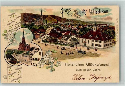 Wetzikon ZH 1901 Kirche Glückwunsch Neujahr Lithographie