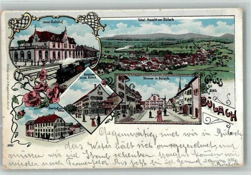 Bülach 1904 Neuer Bahnhof Gasthaus Zum Kreuz Konsum Verein Lithographie Feldpost Feldbatterie 24