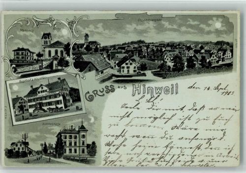 Hinwil 1903 Pfarrhaus Kirche Gasthaus Zum Hirschen Bahnhofstrasse Lithographie/Mondschein