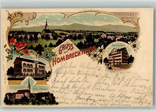 Hombrechtikon 1903 Prim. Schulhaus Sek. Schulhaus Kirche Pfarrhaus Lithographie