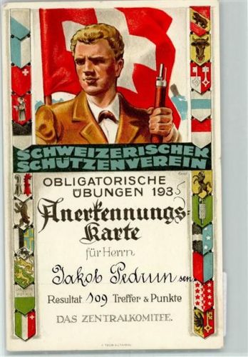 18,5 x 11,5 cm Schweiz. Schützenverein 1935 Annerkennungskarte Wappen