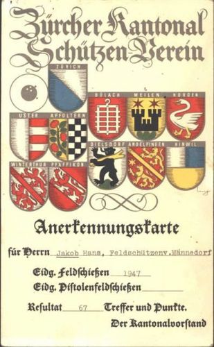 Zürich Anerkennungskarte Wappen 1947 Feldschießen, KEINE AK, ca. 19,5x12,1 cm; Eckloch