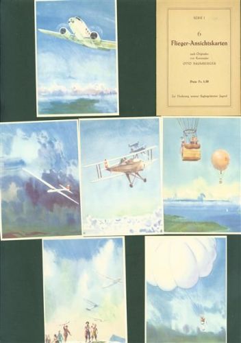 Lot mit 6 AK sign. O. Baumberger Serie I. Schweizer Stiftung PRO AERO Originalumschlag