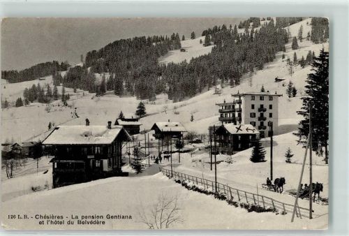 Chesières 1912 Winter la Pension Gentiana et l`hotel du Belvedere Pferdeschlitten
